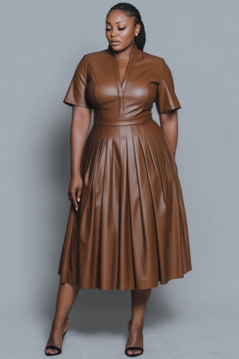Business Casual Brown V Neck Short Sleeve Pleated Elegant PU Leather Midi Dresses