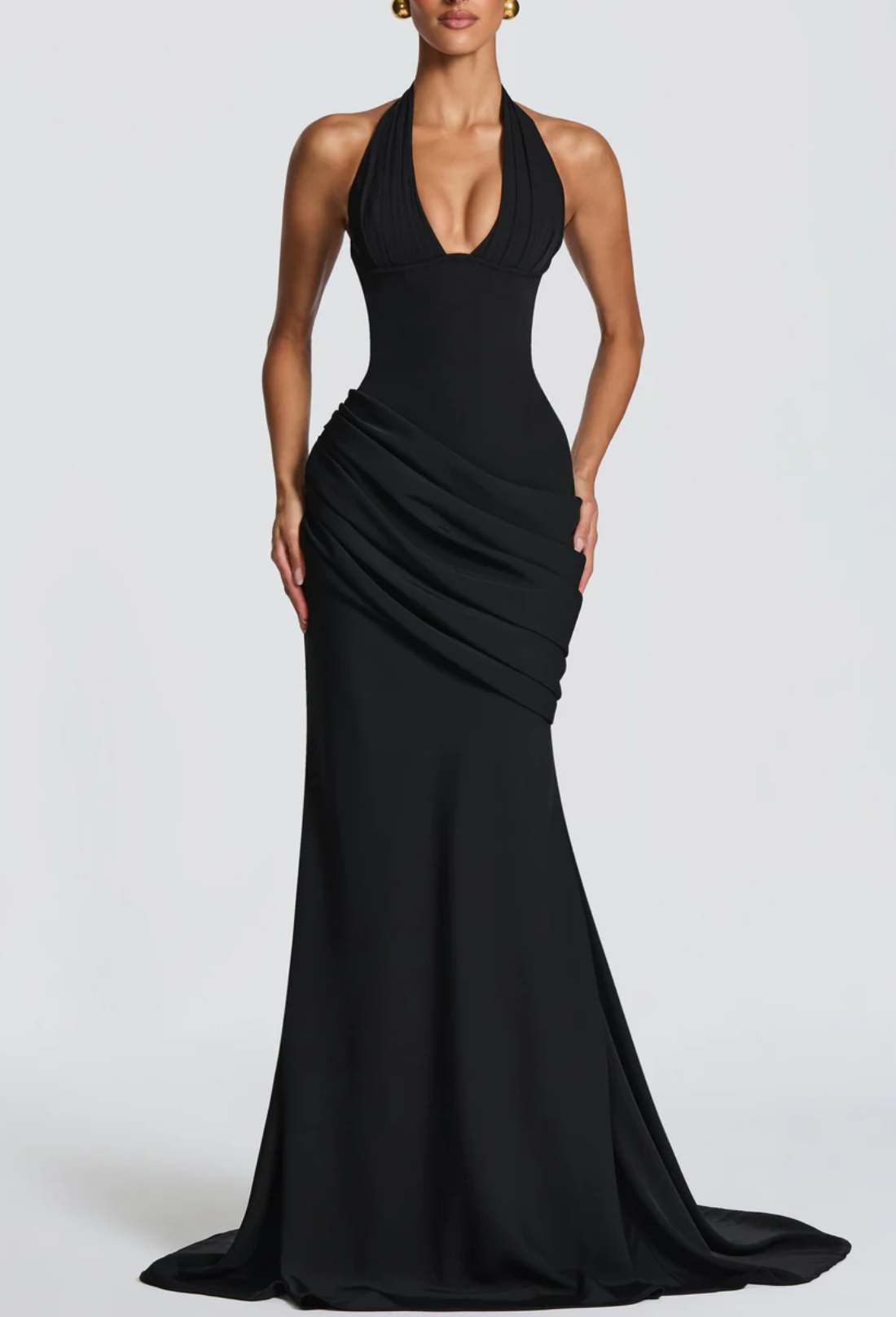 Yellow/Black Halter Neck Ruched Corset Maxi Dress with Train - Elegant Formal Evening Gown