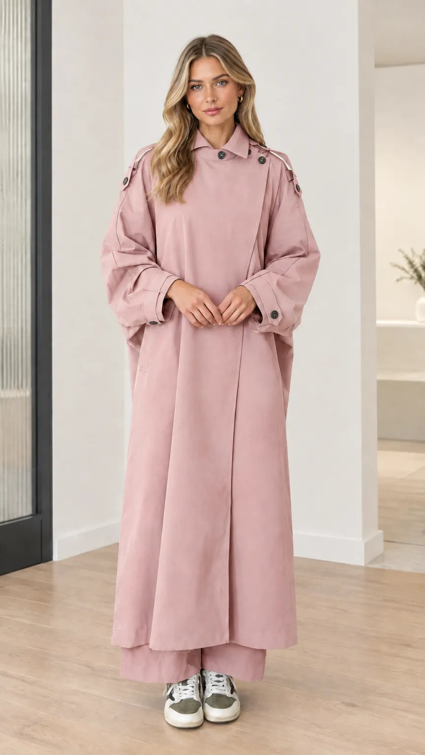 Women's Oversized Maxi Duster Trench Coat with Buttoned High Neck