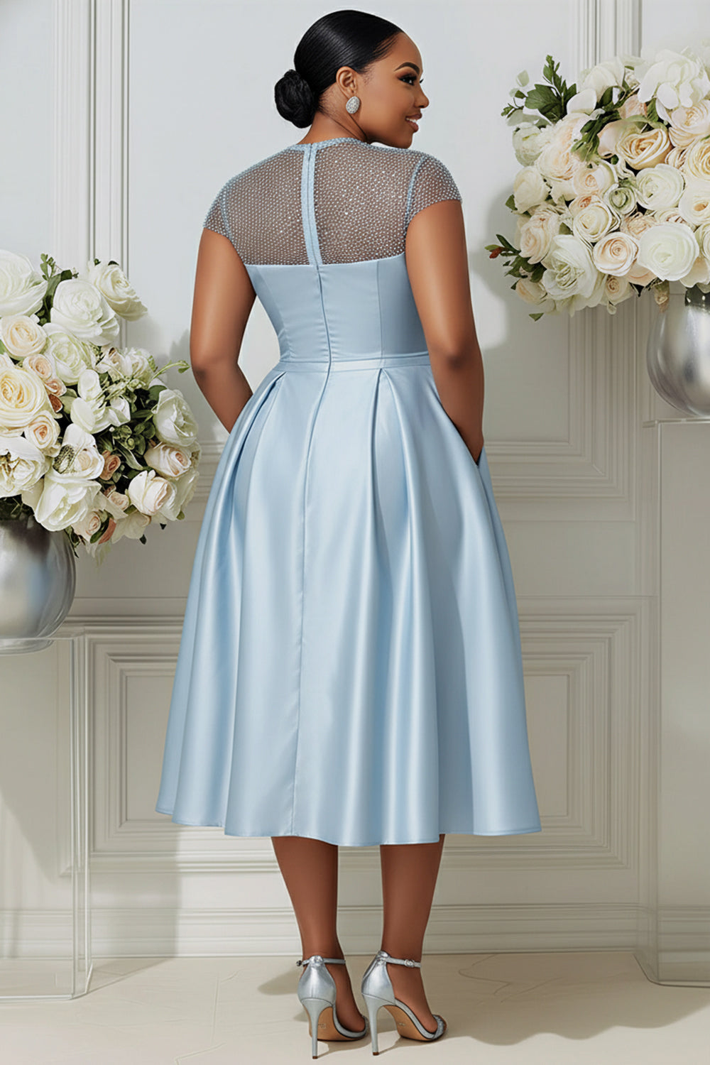 Cocktail Party Tulle Light Blue Round Neck Short Sleeve Pocket See Through Satin Midi Dresses