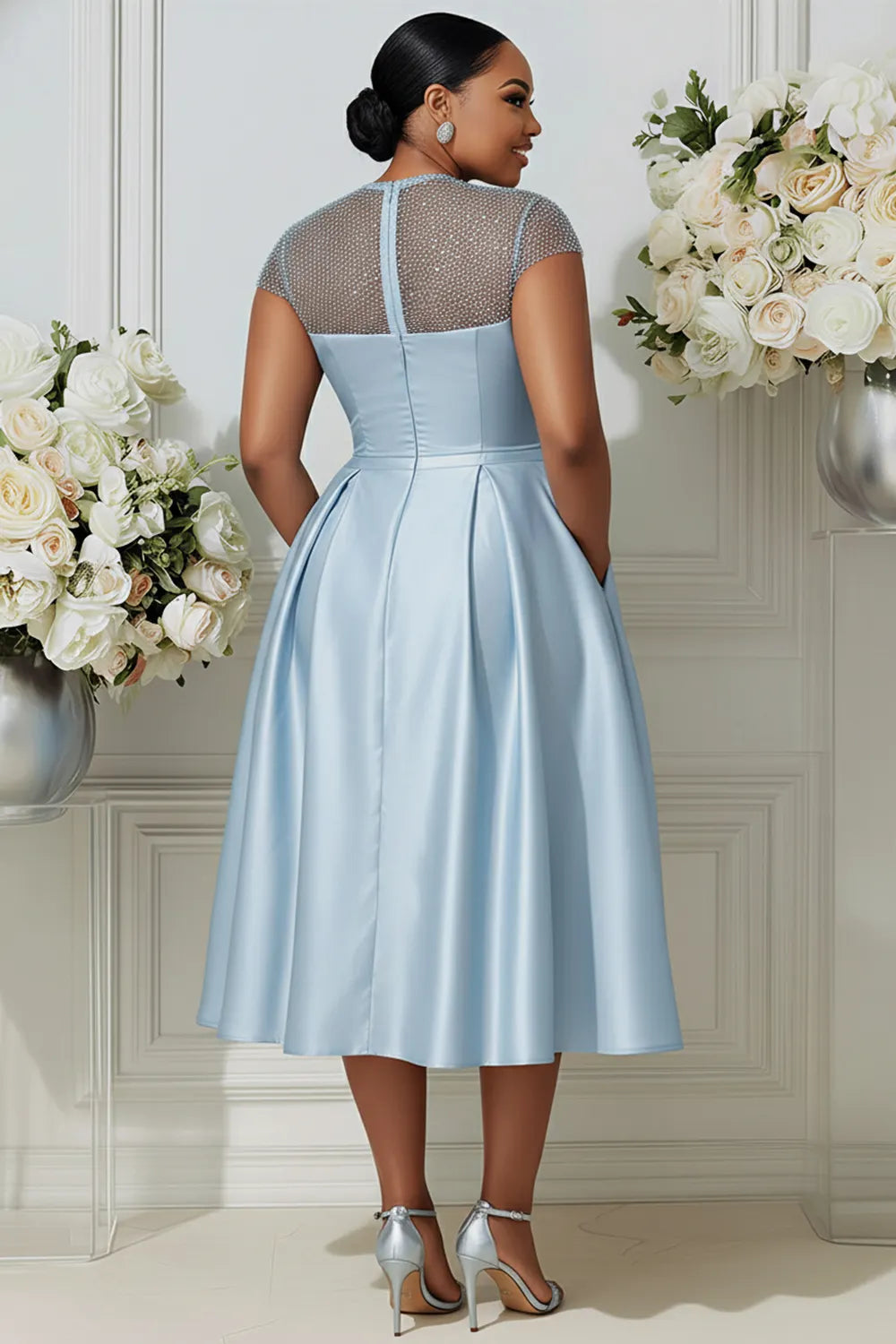 Cocktail Party Tulle Light Blue Round Neck Short Sleeve Pocket See Through Satin Midi Dresses