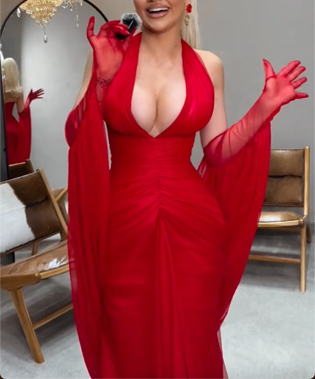 Black & Red Halter V-Neck Chiffon Maxi Dress with Flowy Gloves - Formal Evening Gown for Women