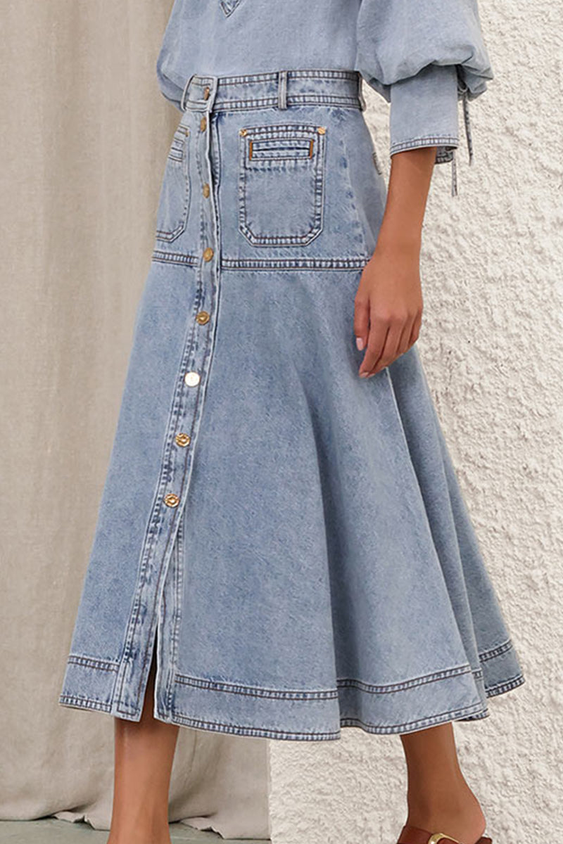 Women's Casual Button Up Denim Top & Casual Long Denim Skirt
