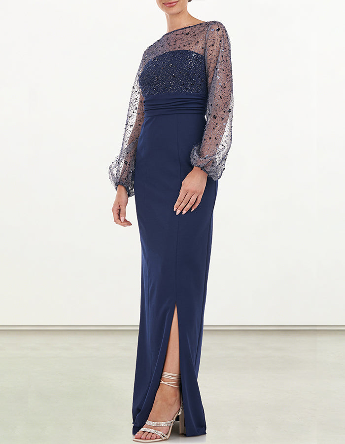 Rhinestone mesh fitted waist maxi dress