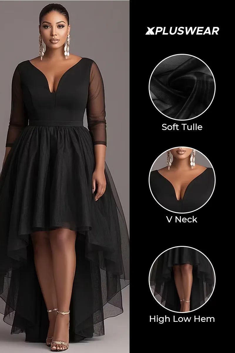 Party Black V Neck 3/4 Sleeve High Low Hem See Through Tulle Mini Dresses