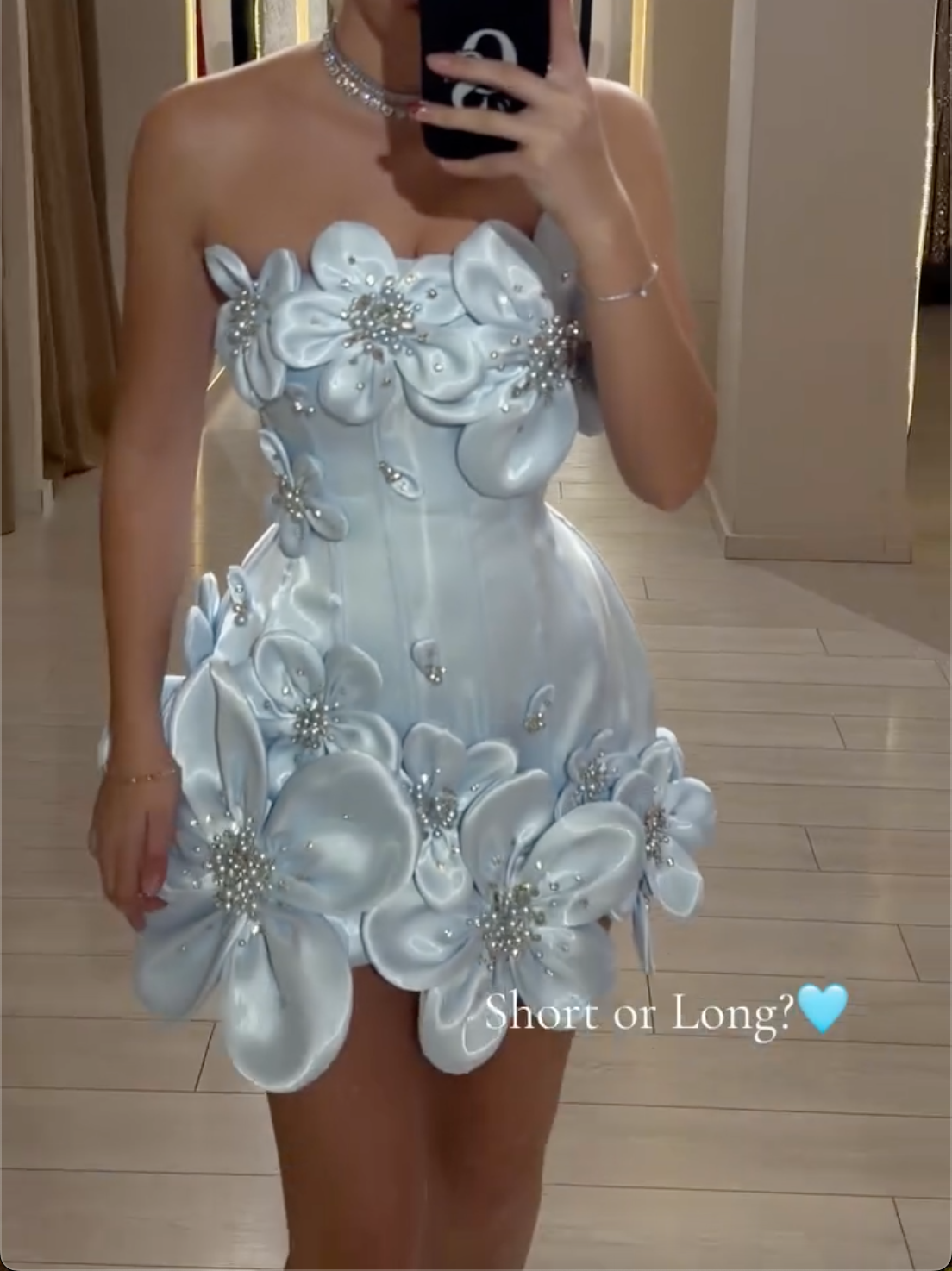 Light Blue Strapless 3D Floral Corset Dress - Rhinestone Accent Maxi & Mini Formal Gown