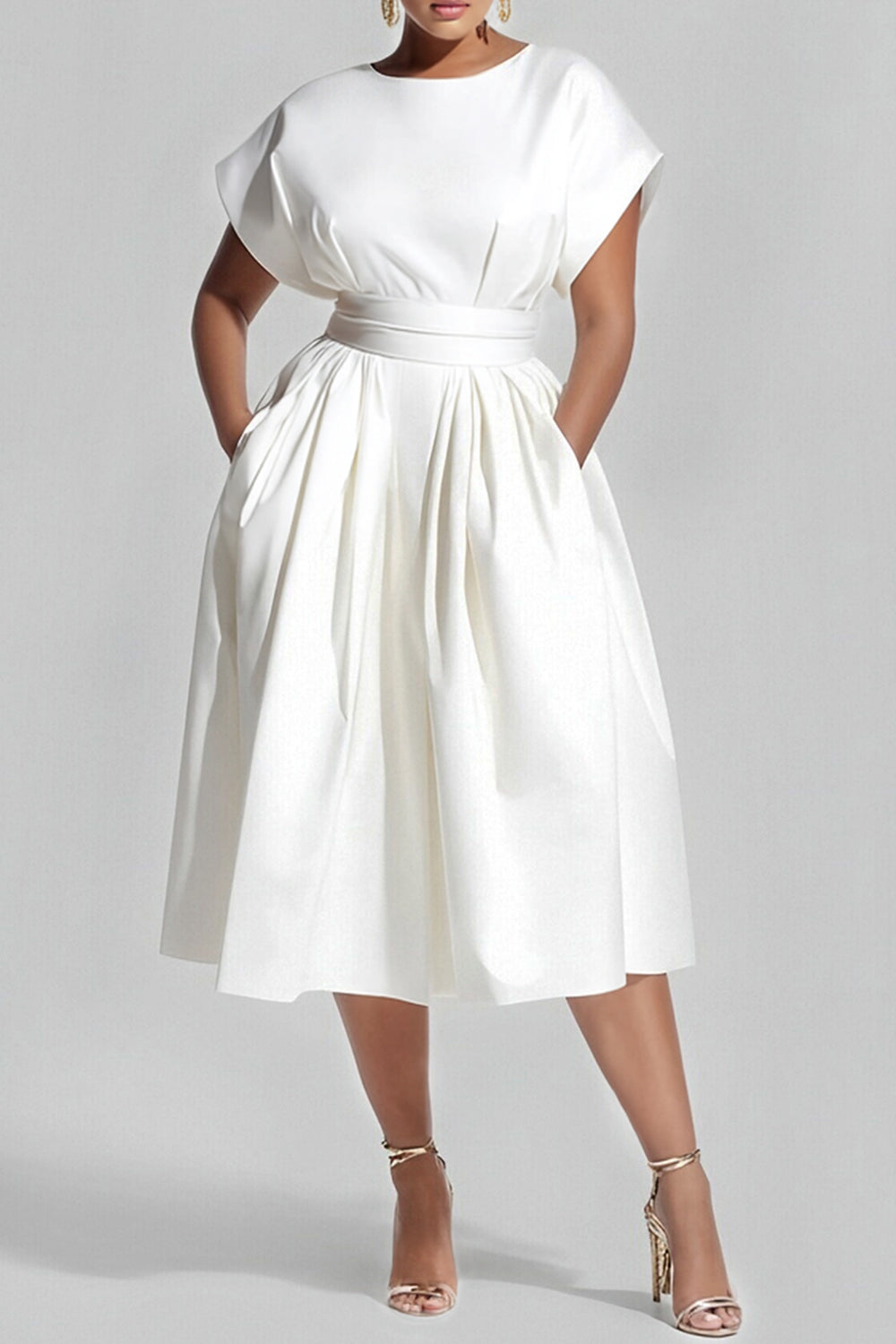 Daily White Round Neck Short Sleeve Pocket Midi Dresses