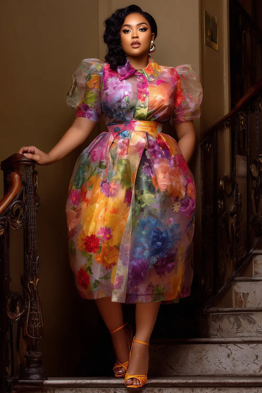 Cocktail Party Elegant Multicolor Floral Shirt Collar Puff Sleeve Short Sleeve Pocket Button Organza Midi Dresses