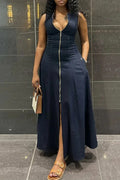 Women's Casual High Waisted Loose Solid Color Slit Zipper V-Neck Long Dress