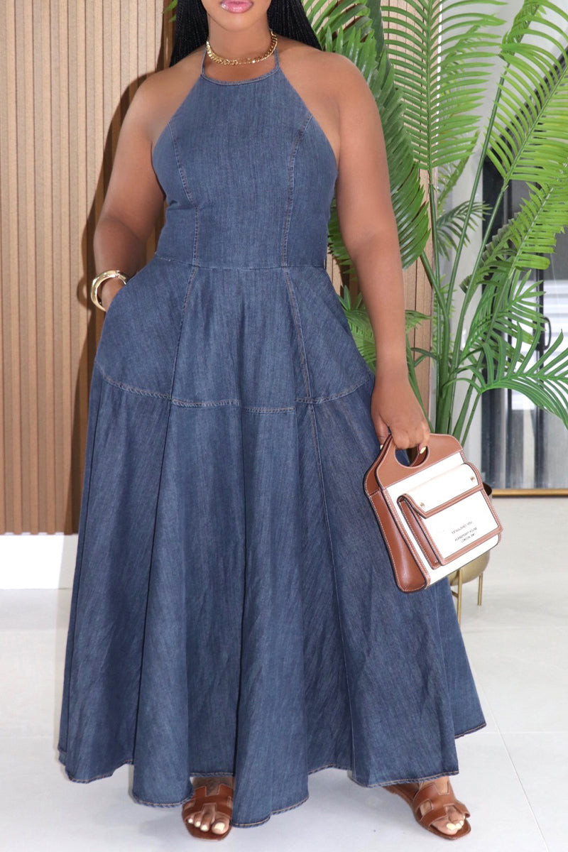 Women's Resort Halter Stretch Waist Denim Dress