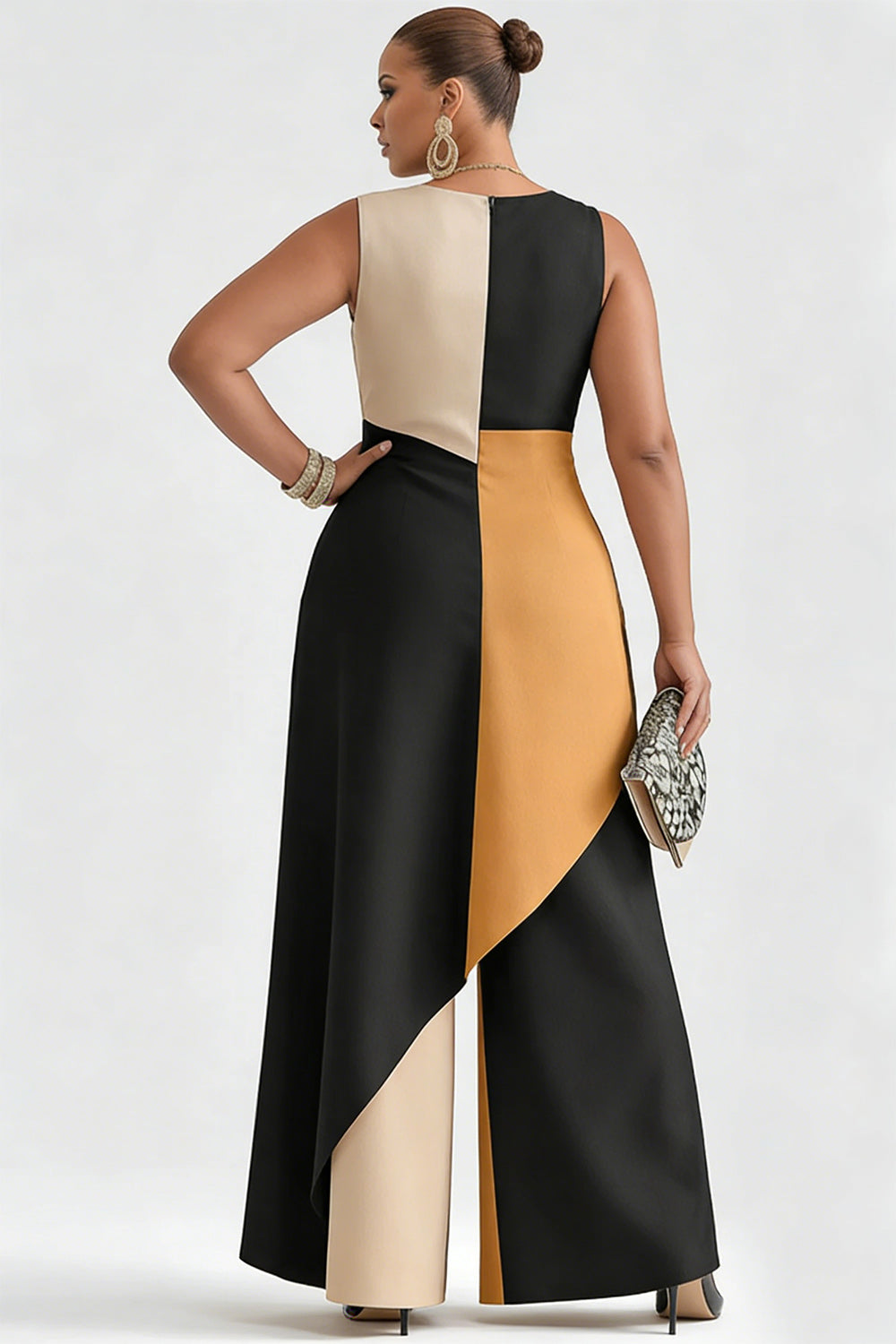 Business Casual Multicolor Colorblock Round Neck Asymmetric Hem Pocket Two Piece Pant Sets