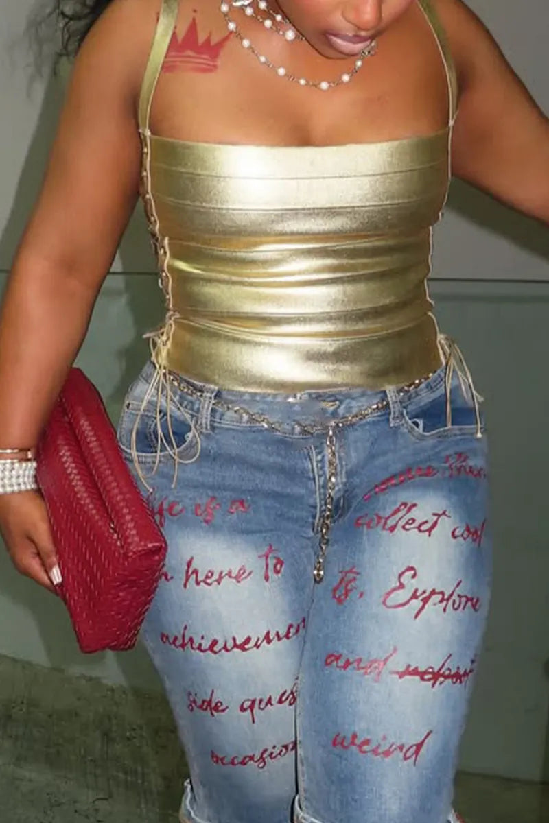 Women Camisole Side Strap Design Top or Wash Printed Letter Denim Shorts