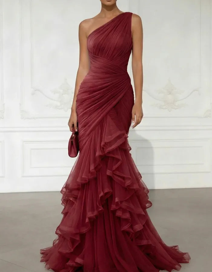 Blush One-Shoulder Ruched Tulle Ruffle Gown – Romantic Formal Elegance