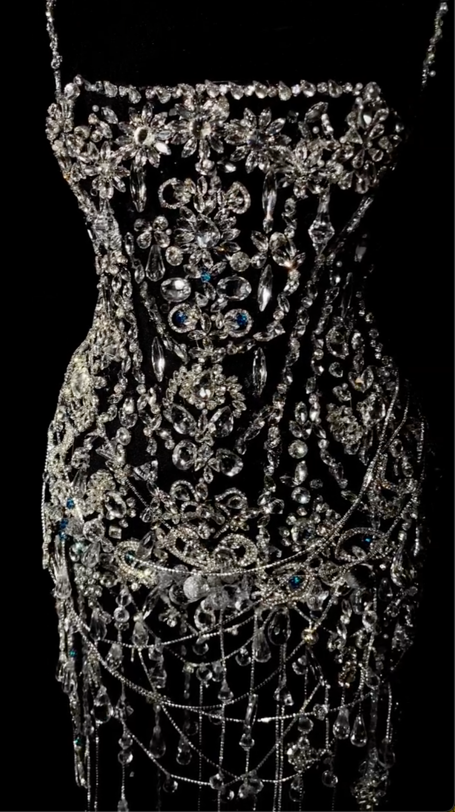 Black Beaded Mini Dress with Sheer Mesh, Fringe Trim & Crystal Embellishments