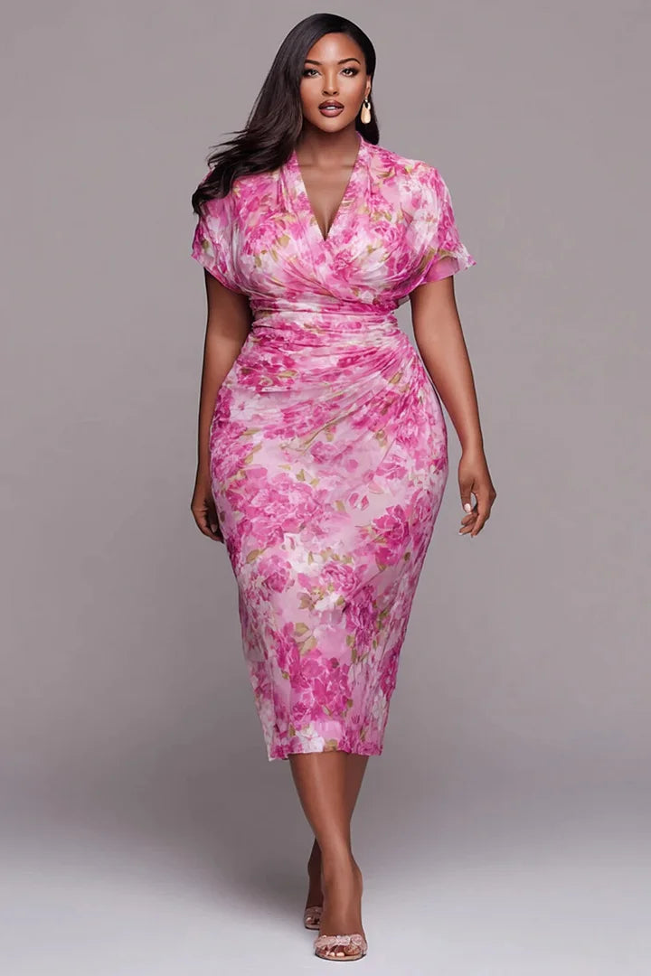 Cocktail Party Pink Floral Cowl Neck Short Sleeve Fold Bodycon Tulle Midi Dresses
