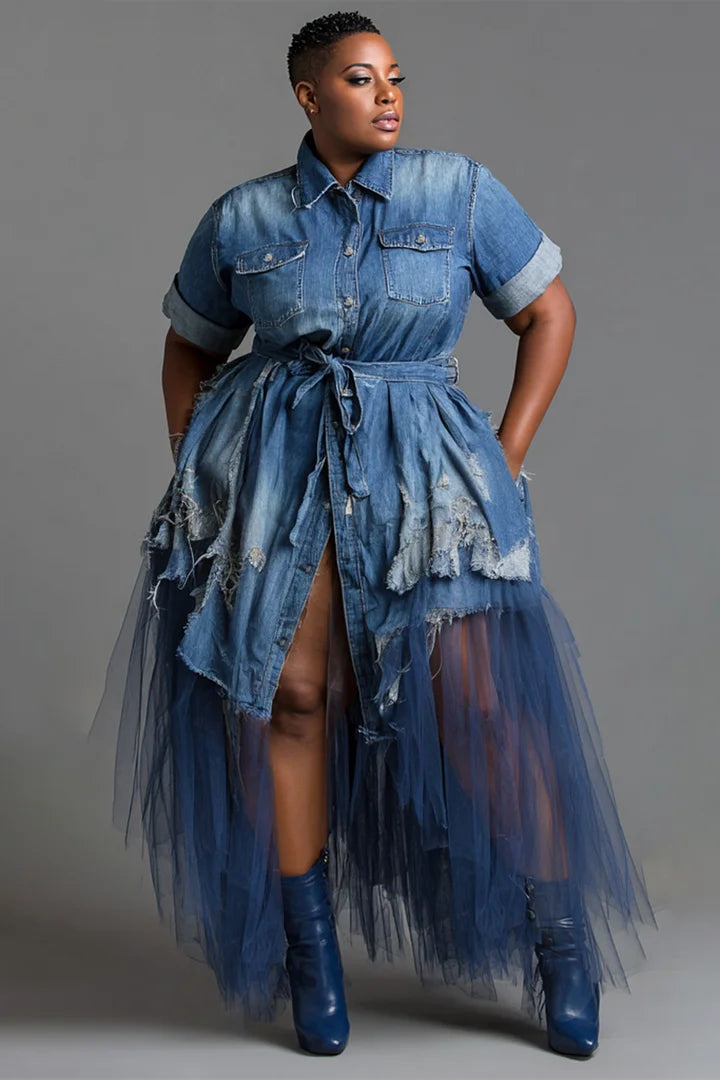 Xpluswear Design Plus Size Party Tulle Blue Shirt Collar Short Sleeve Ripped Pocket Denim Midi Dresses