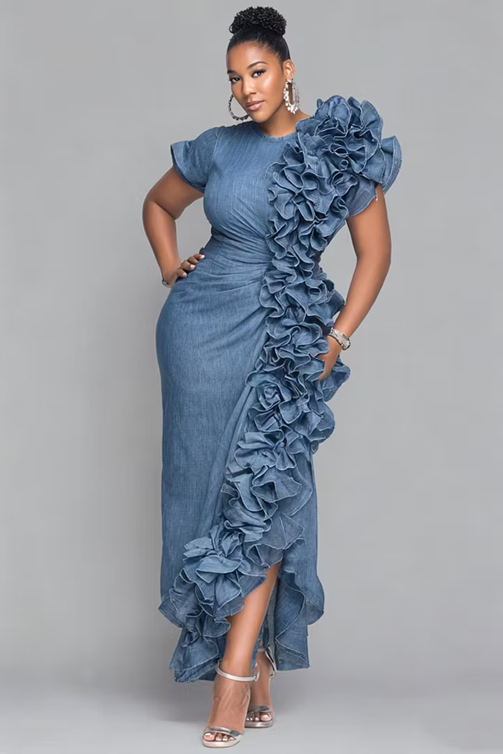 Xpluswear Design Plus Size Cocktail Party Blue Round Neck Short Sleeve Ruffle Pocket Tencel Denim Maxi Dresses