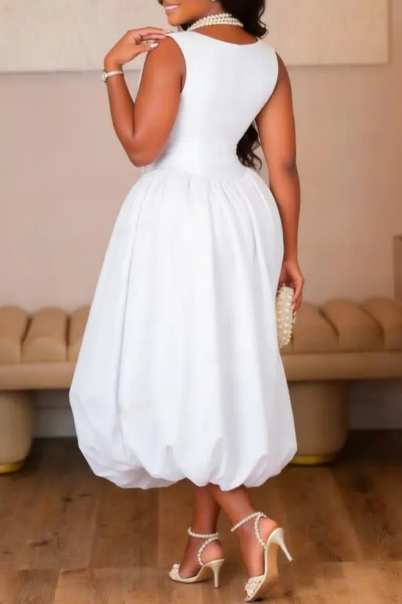 Women Solid White Sleeveless Round Neck Waist Cinch Bubble Puff Midi Dress