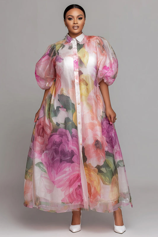 Wedding Guest Pink Floral Shirt Collar Puff Sleeve Short Sleeve Pocket Organza Maxi Dresses