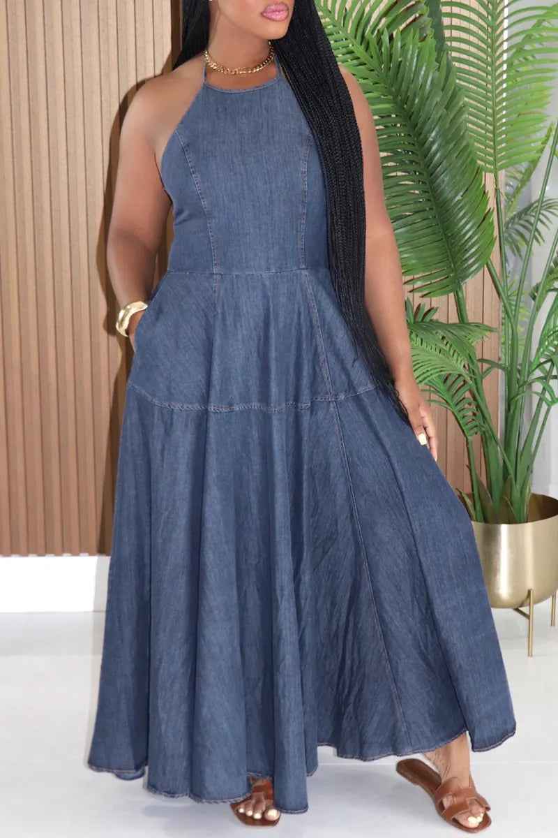 Women's Resort Halter Stretch Waist Denim Dress