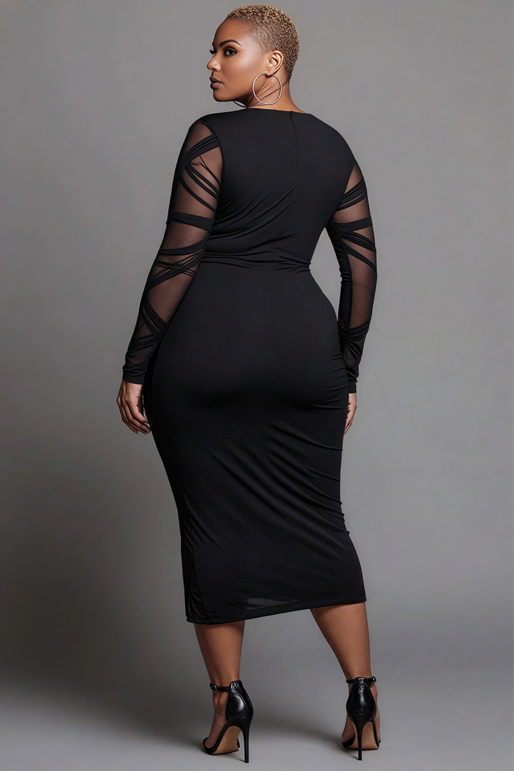 Party Black Wrap Neck Long Sleeve Bodycon See Through Midi Dresses
