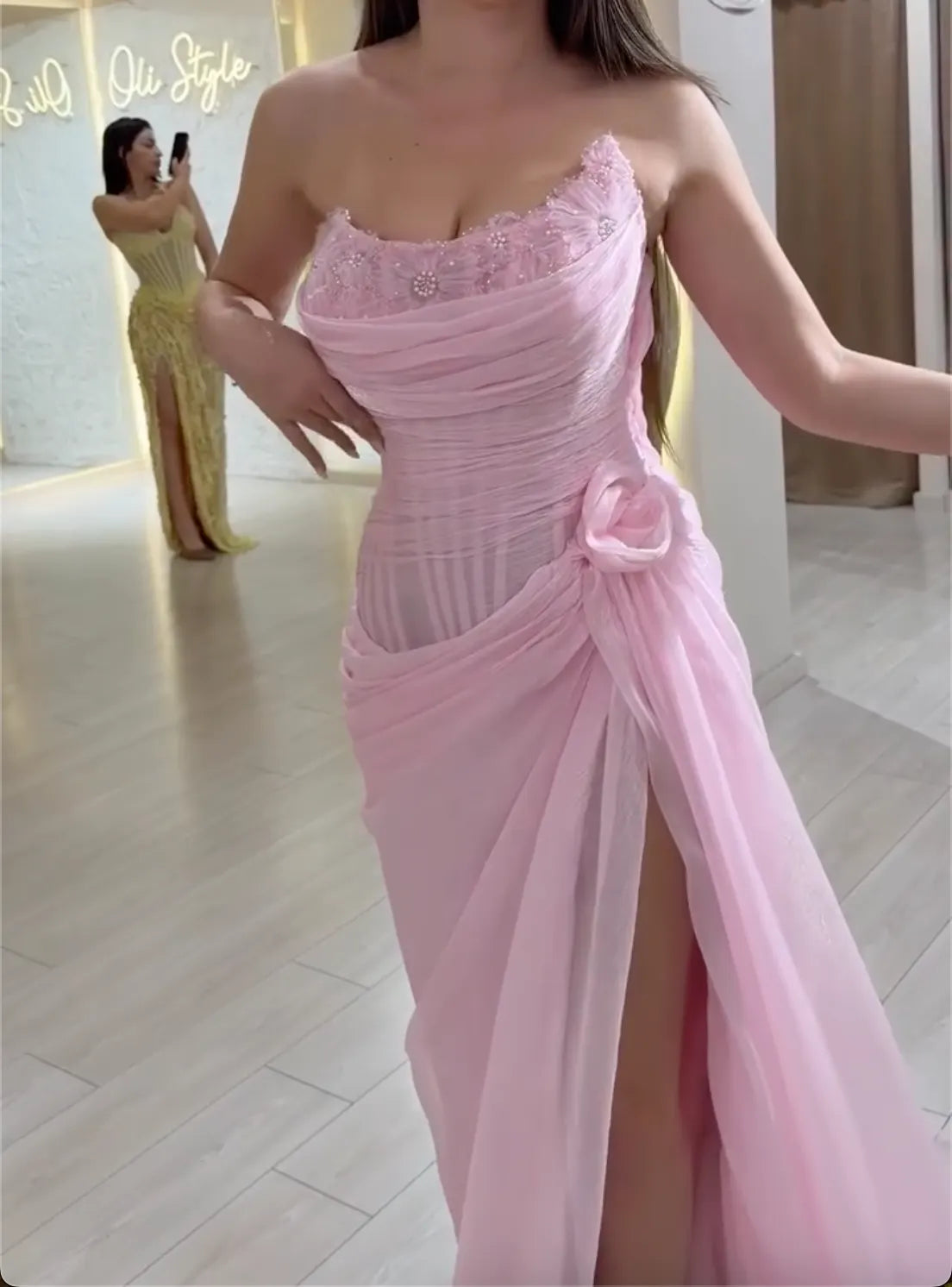 Pink Strapless Ruched Tulle Maxi Evening Gown - Corset Bodice with Floral Detail & High Slit