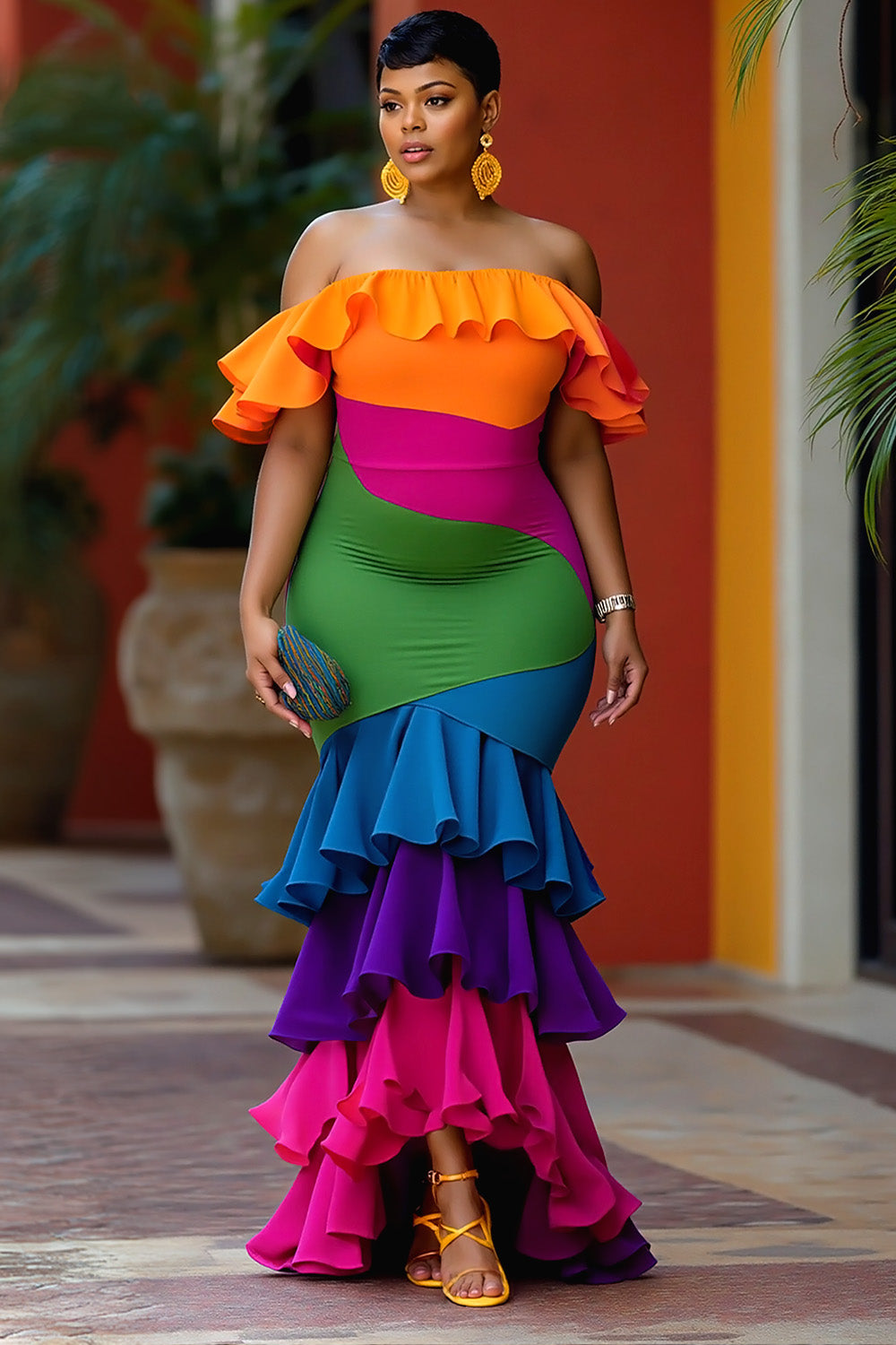 Party Rainbow Colorblock Off The Shoulder Mermaid Tiered Maxi Dresses