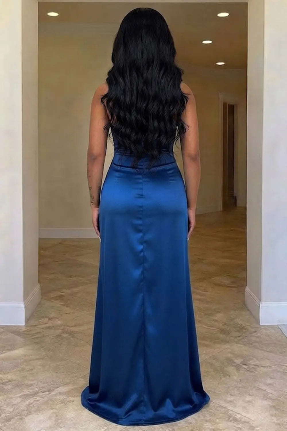 Strapless Draped Cinch Waist High Slit Satin Evening Gowns Maxi Dresses-Blue