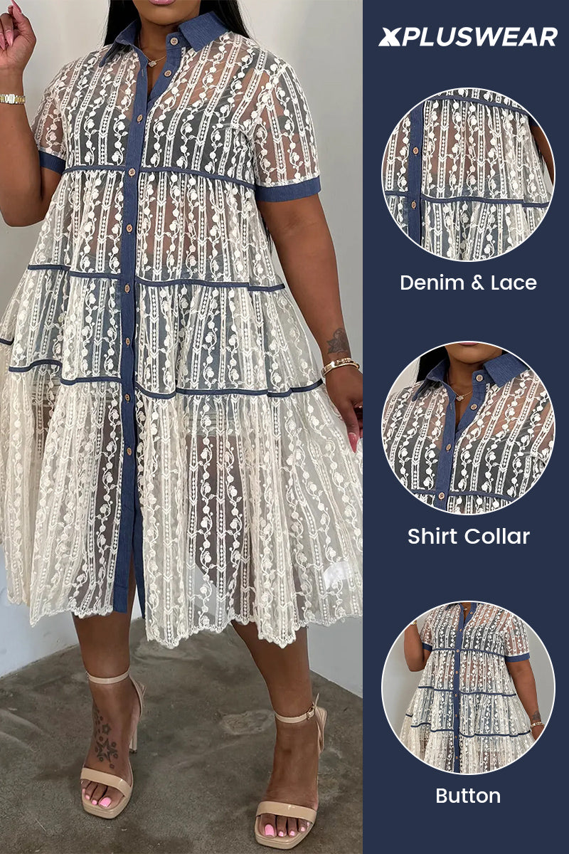 Plus Size Party Casual Lace White Shirt Collar Short Sleeve Contrast Button Tencel Denim Midi Dresses