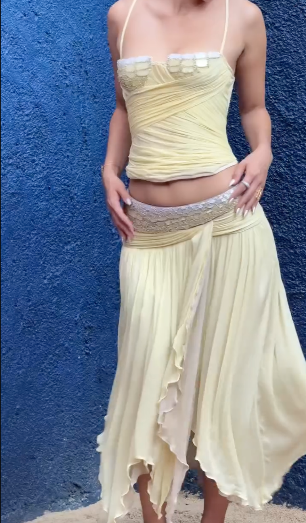 Butter Yellow Beaded Shell Crop Top & Asymmetrical Maxi Skirt Set
