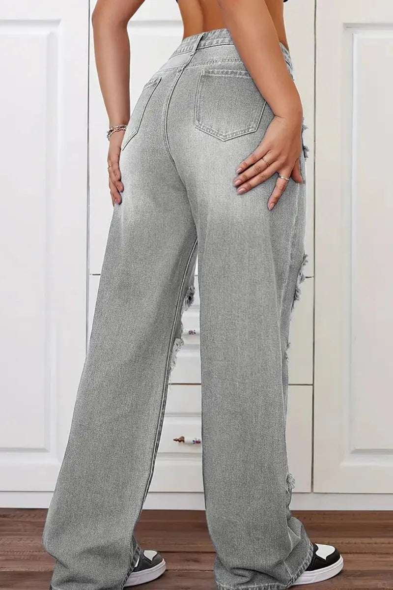 Women's Versatile Washed High-Waisted Loose Jeans