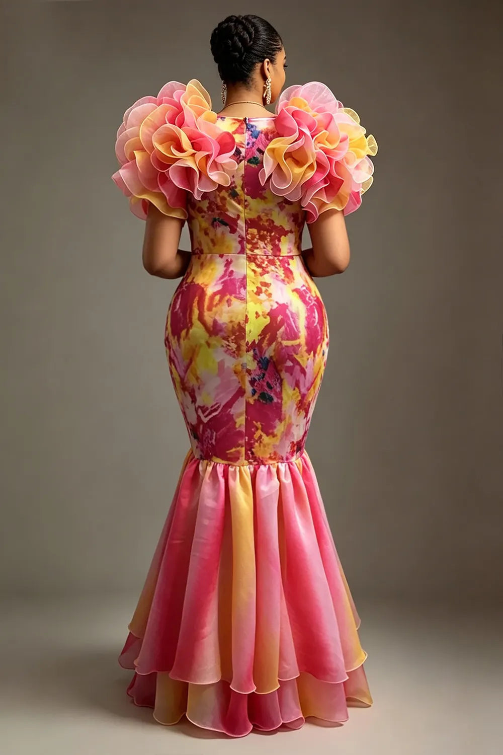 Multicolor Gradient V Neck Flutter Sleeve Mermaid Ruffle Tulle Maxi Dresses