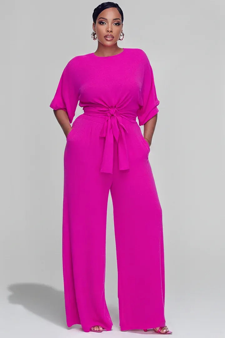 Daily Casual Hot Pink Round Neck Short Sleeve Pocket Fold Two Piece Pant Sets