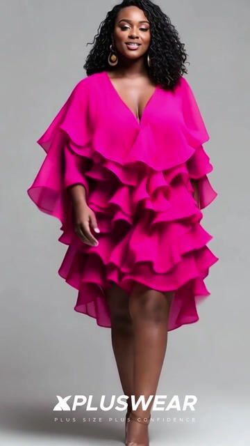 Party Hot Pink V Neck Half Sleeve Ruffle Tiered Mini Dresses