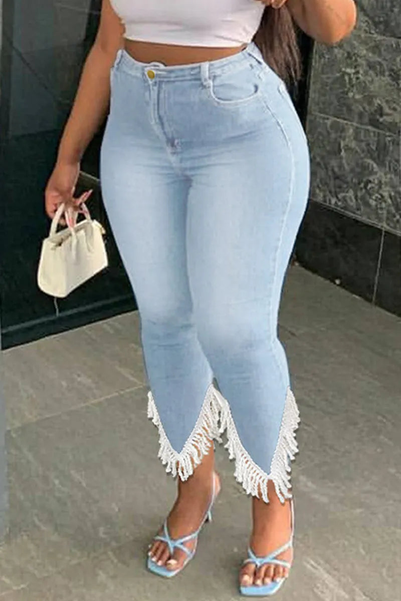 Women's Skinny Jeans With Fringed Hem Casual Style