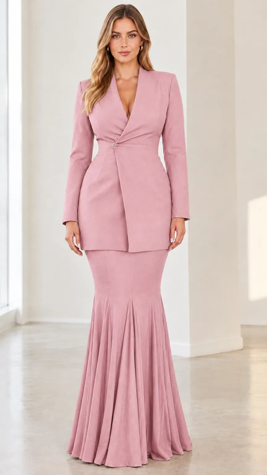 Tailored Blazer and Pleated Mermaid Maxi Skirt Two-Piece Set