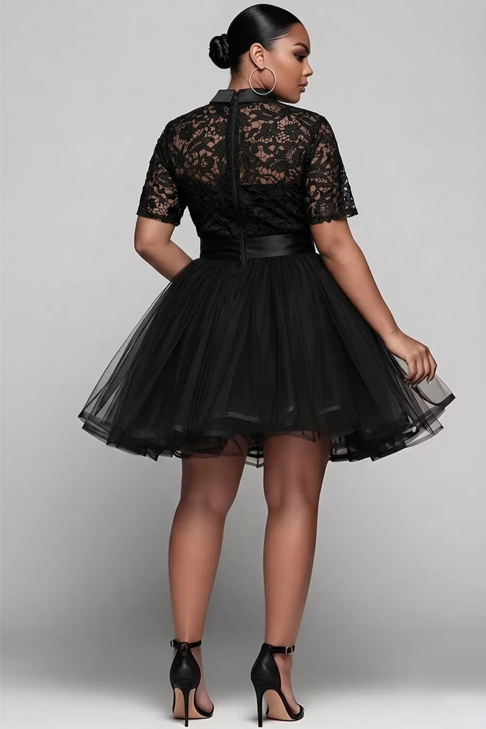 Party Tulle Black Mandarin Collar Short Sleeve See Through Contrast Lace Mini Dresses