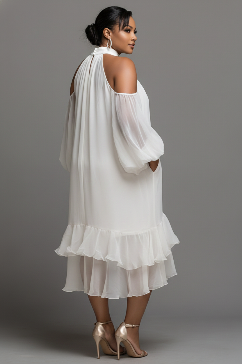 Cocktail Party White Halter Collar Cold Shoulder Short Sleeve Ruffle Pocket Chiffon Midi Dresses
