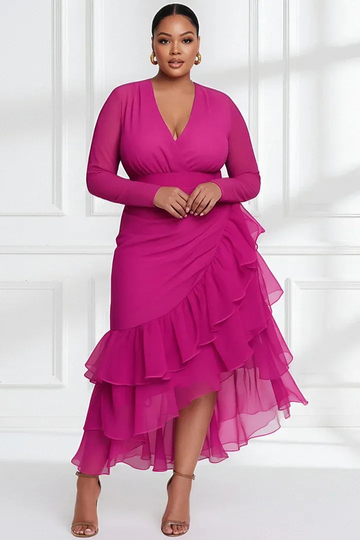 Wedding Guest Hot Pink V Neck Long Sleeve Ruffle Asymmetric Hem Irregular Hem Midi Dresses