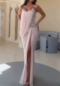 Nude Strapless Ruched Maxi Dress, Crystal Embellished Formal Evening Gown with Slit