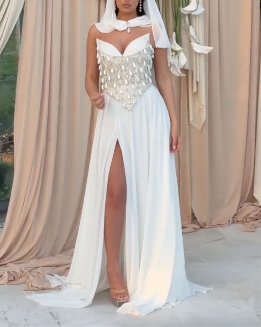 White Strapless Pearl Embellished Maxi Evening Gown - High Slit Formal Dress with Choker & Veil Detail
