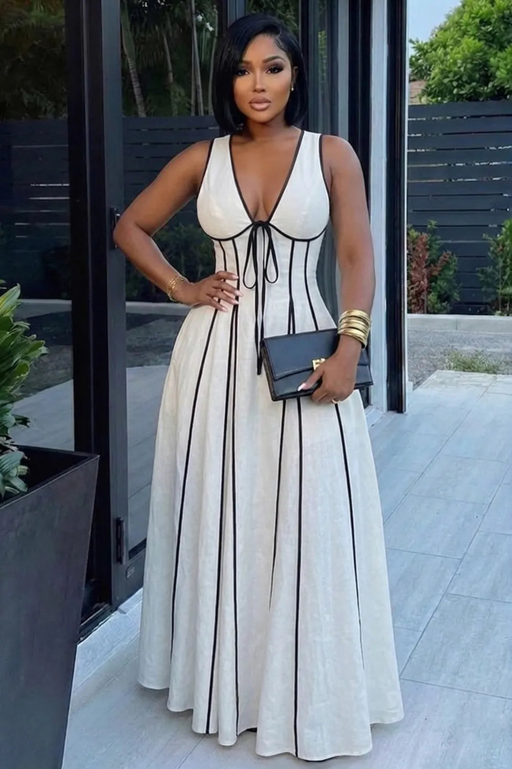 Deep V Neck Tie Ruffle Trim Hem Casual Maxi Dresses-White [Pre Order]