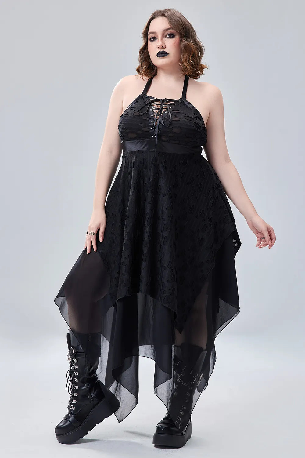 Halloween Costume Black Lace Up Sleeveless Irregular Hollow Knitted Midi Dress(Ships 24h)