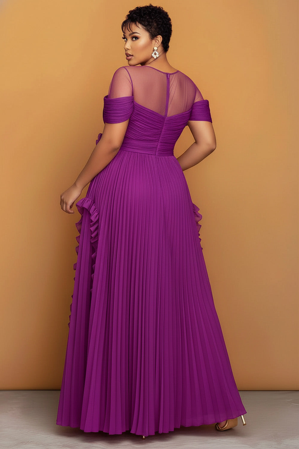 Purple Round Neck Short Sleeve Ruffle See Through Maxi Dresses