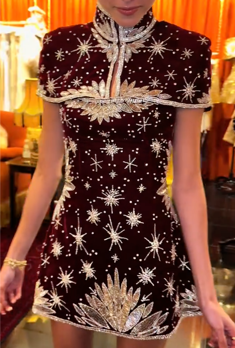 Black Velvet Starburst Beaded Mandarin Collar Capelet Mini Dress