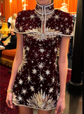 Black Velvet Starburst Beaded Mandarin Collar Capelet Mini Dress