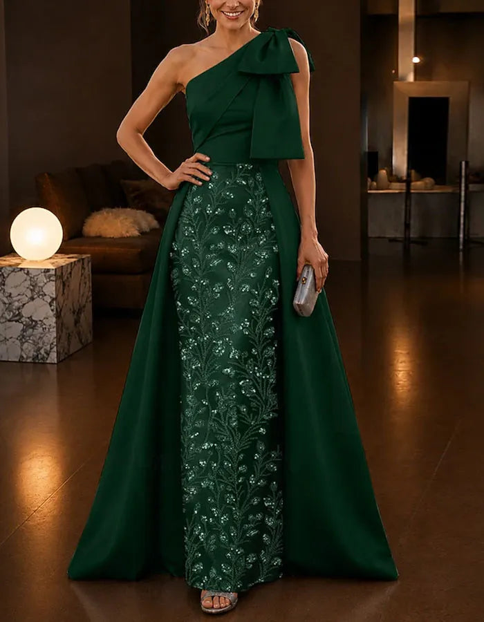 Solid Color Satin Sequined One Shoulder  Maxi Dress