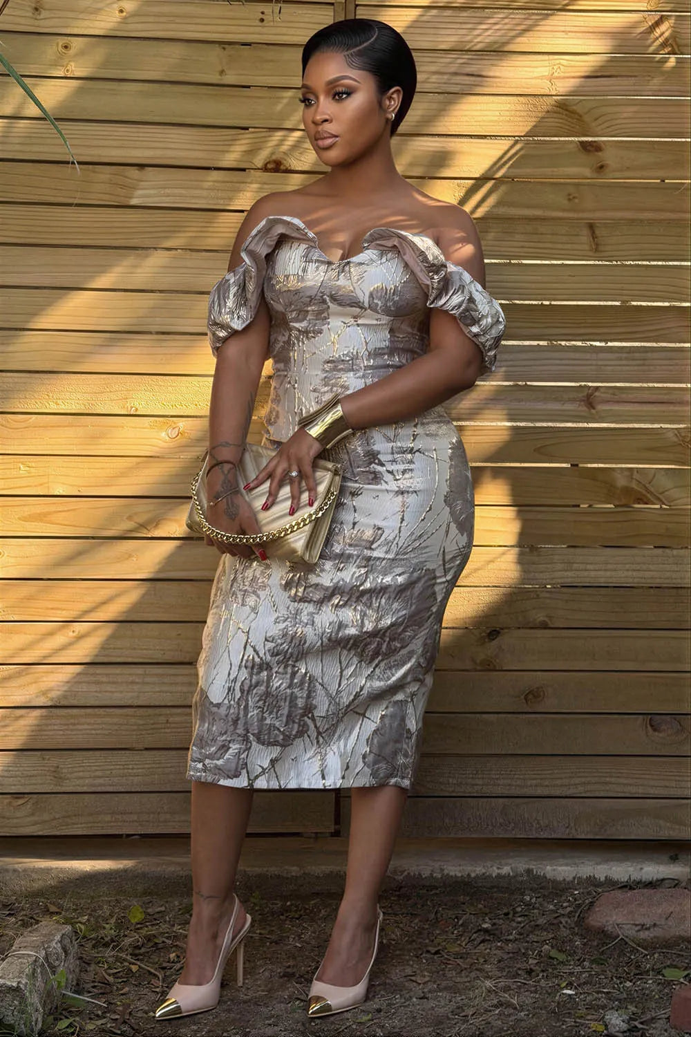 Off Shoulder Jacquard Bodycon Evening Gowns Midi Dresses-Silver [Pre Order]