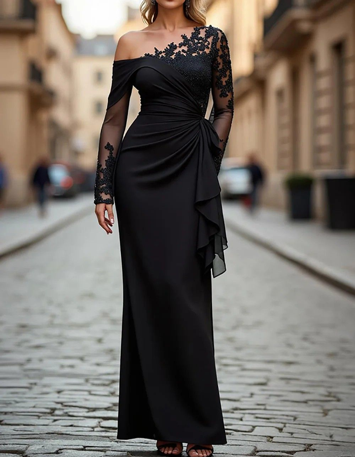 Black Lace Off-the-Shoulder Maxi Dress