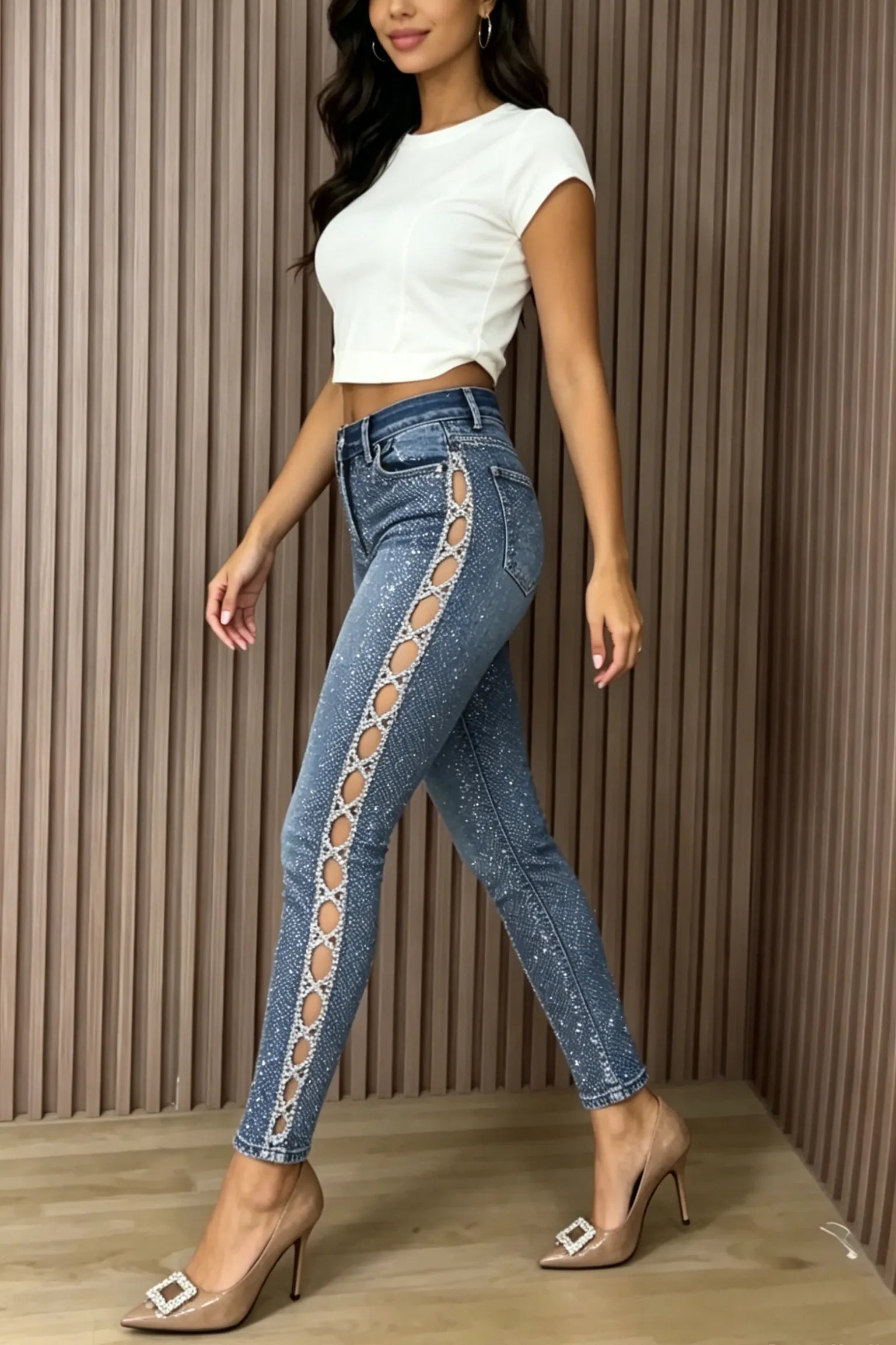 Women's Casual Rhinestone Side Cutout Skinny Jeans